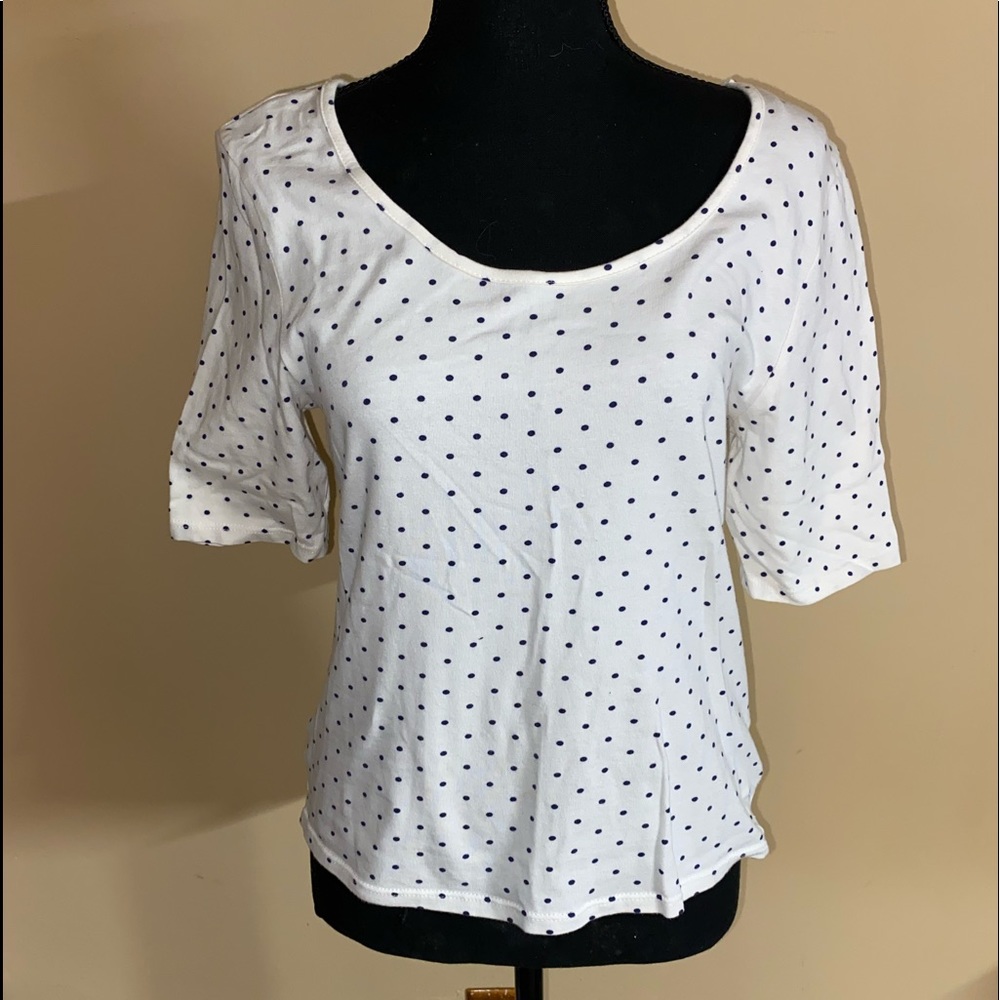 White blouse with navy polka dots. XL